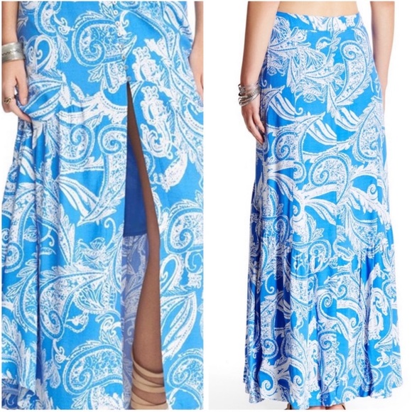 Free People Boho Blue and White Paisley Maxi Skirt Lined Button Front Side Zip - Picture 3 of 13
